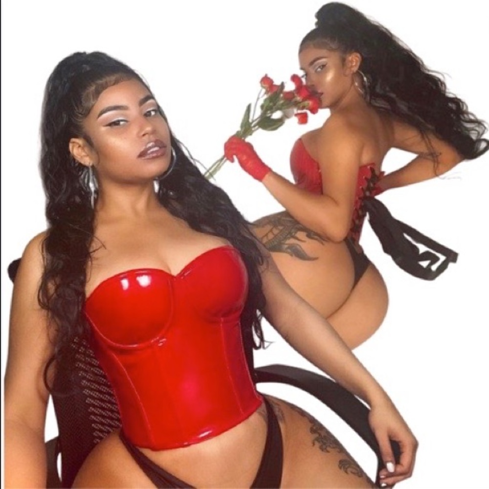 Red Leather Corset Black Ribbon Small